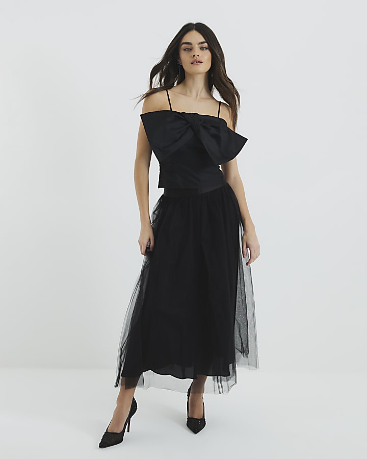 Black Tulle Mesh Midi Skirt