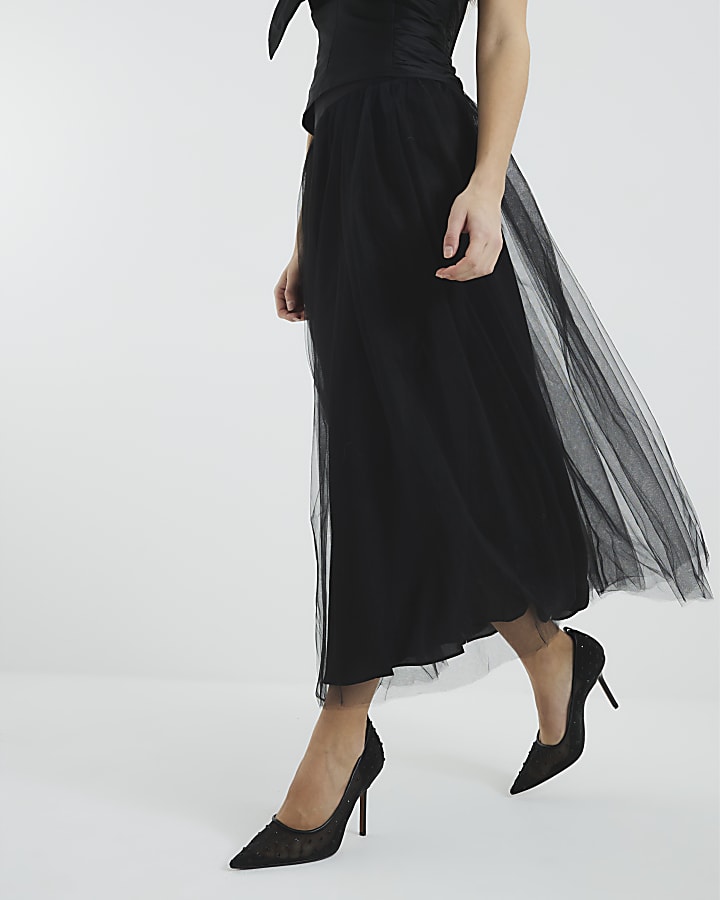 Black Tulle Mesh Midi Skirt