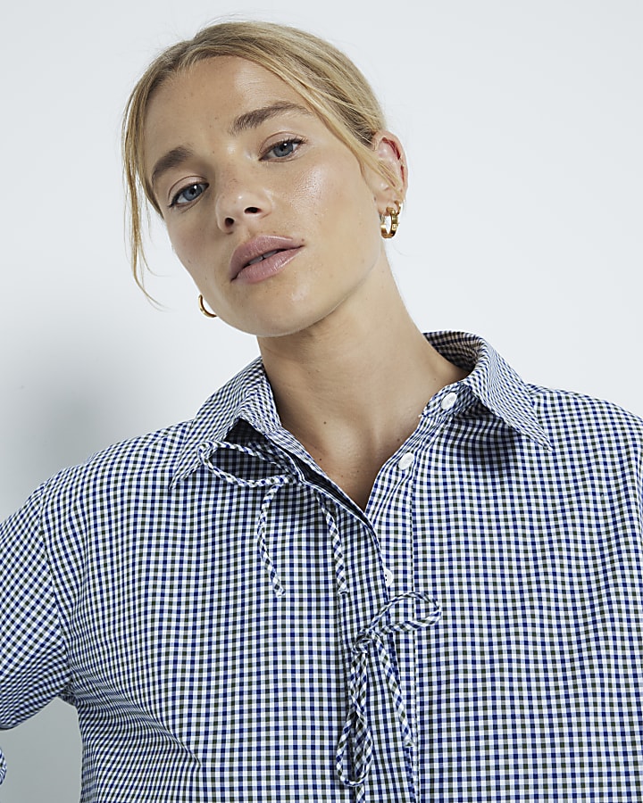 Blue Bow Cropped Check Shirt