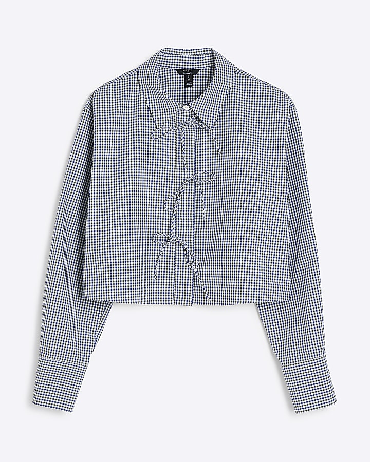 Blue Bow Cropped Check Shirt