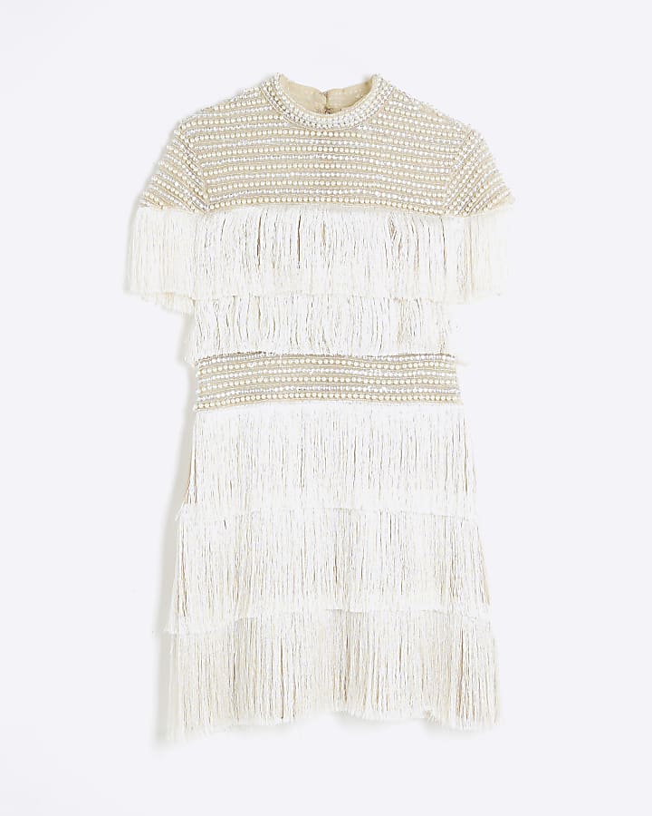 Beige Pearl Embellished Fringe Mini Dress