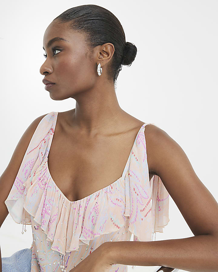 Pink Ruffle Embellished Floral Cami Top