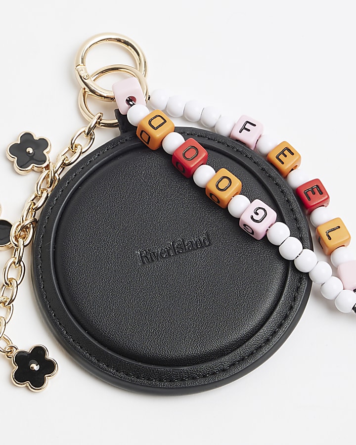 Black Flower Beaded Mirror RI Bag Charm