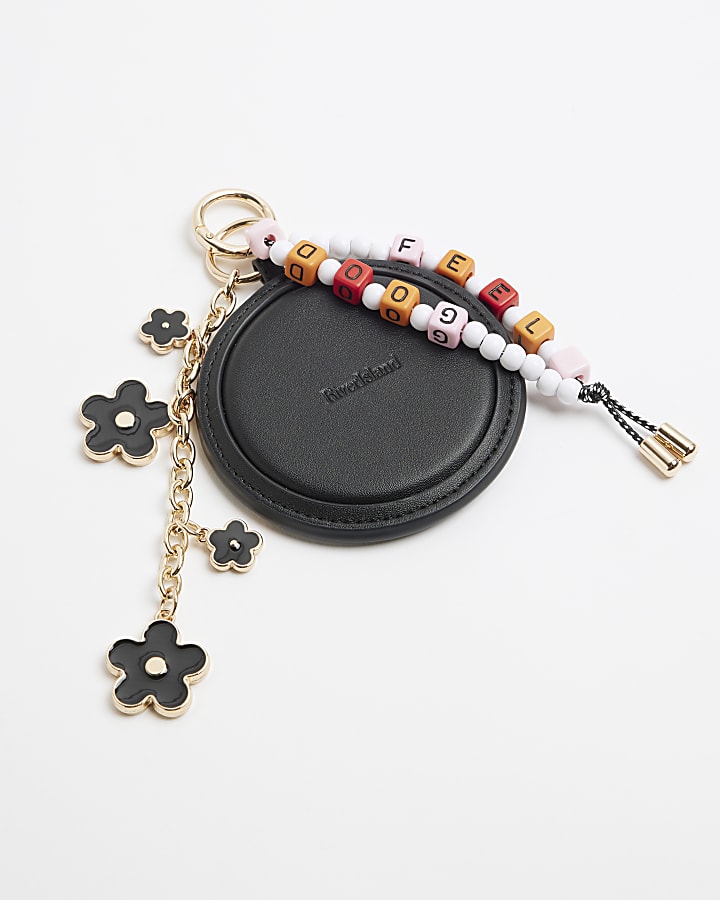 Black Flower Beaded Mirror RI Bag Charm