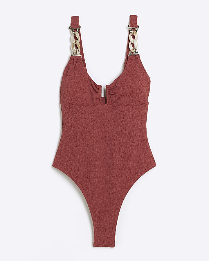 Brown Textured Chain Swimsuit