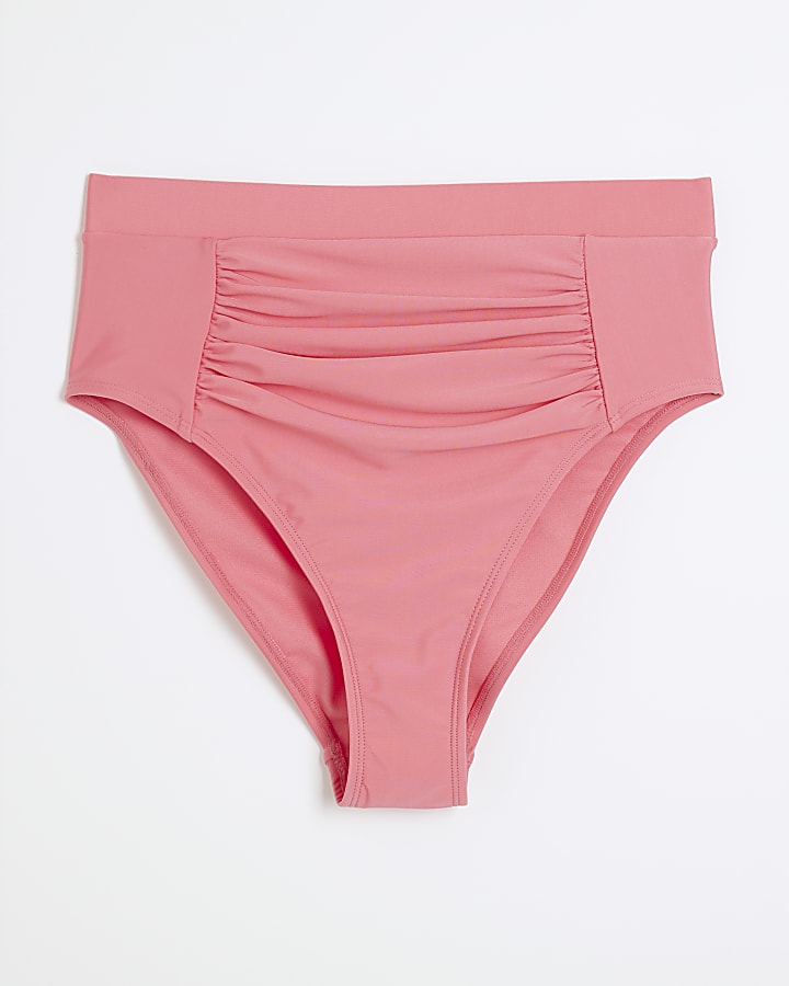 Pink High Waisted Ruched Bikini Bottoms