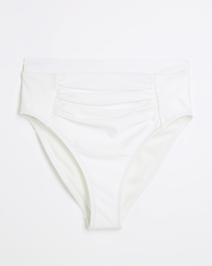 White High Waisted Ruched Bikini Bottoms