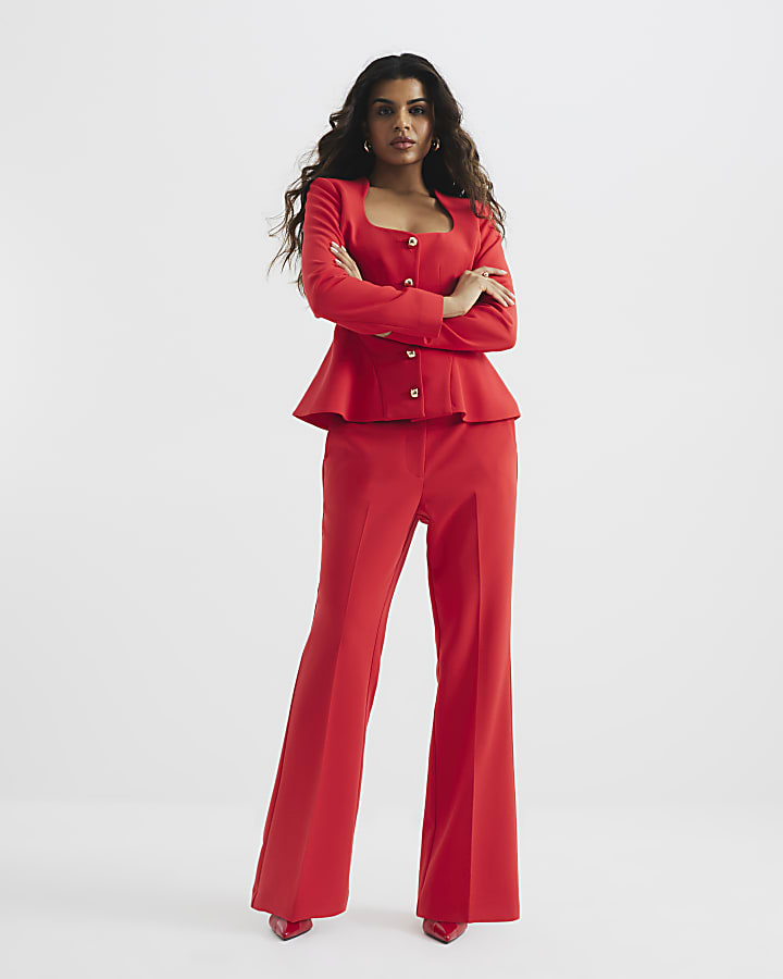 Petite Red Slim Flared Trousers