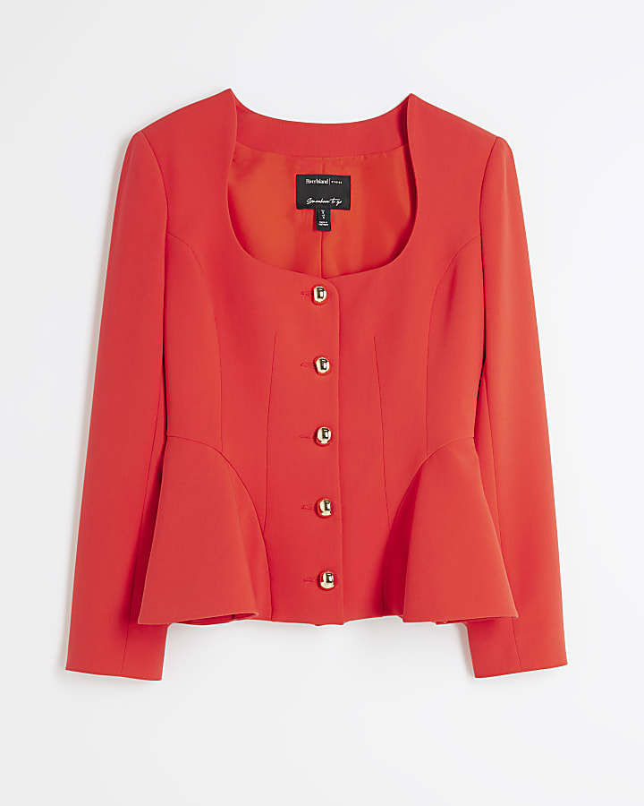 Petite Red Peplum Button Front Blazer