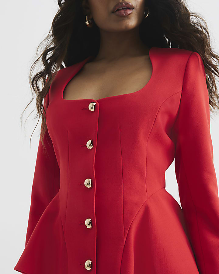 Petite Red Peplum Button Front Blazer