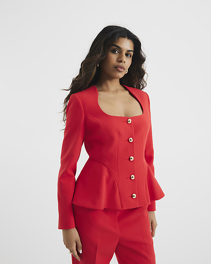 Petite Red Peplum Button Front Blazer