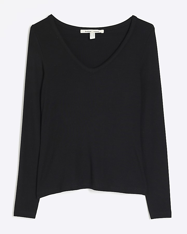 Black Long Sleeve V-Neck Tencel Top