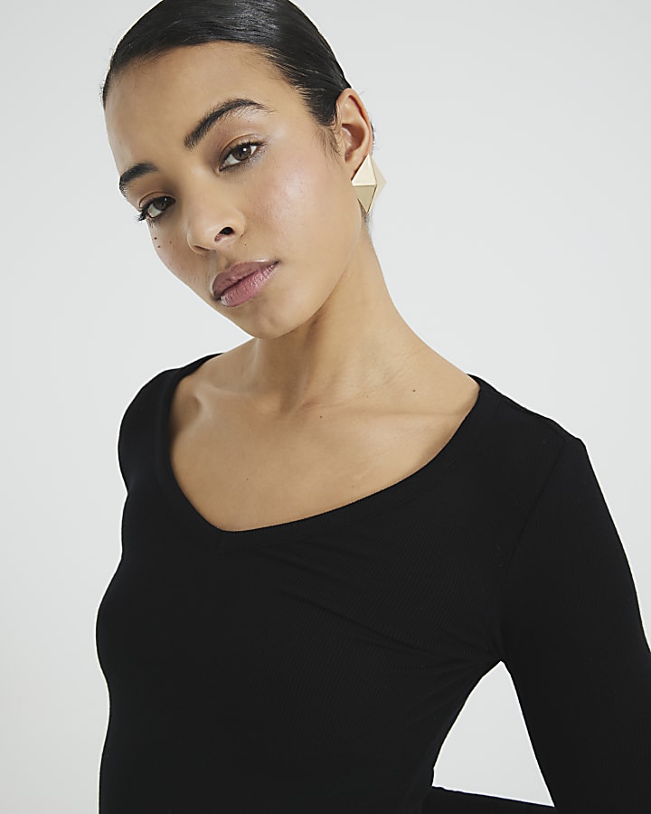 Black Long Sleeve V Neck Top