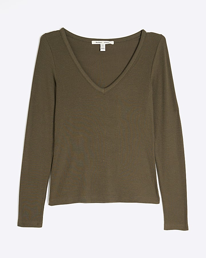 Khaki Long Sleeve V-Neck Tencel Top