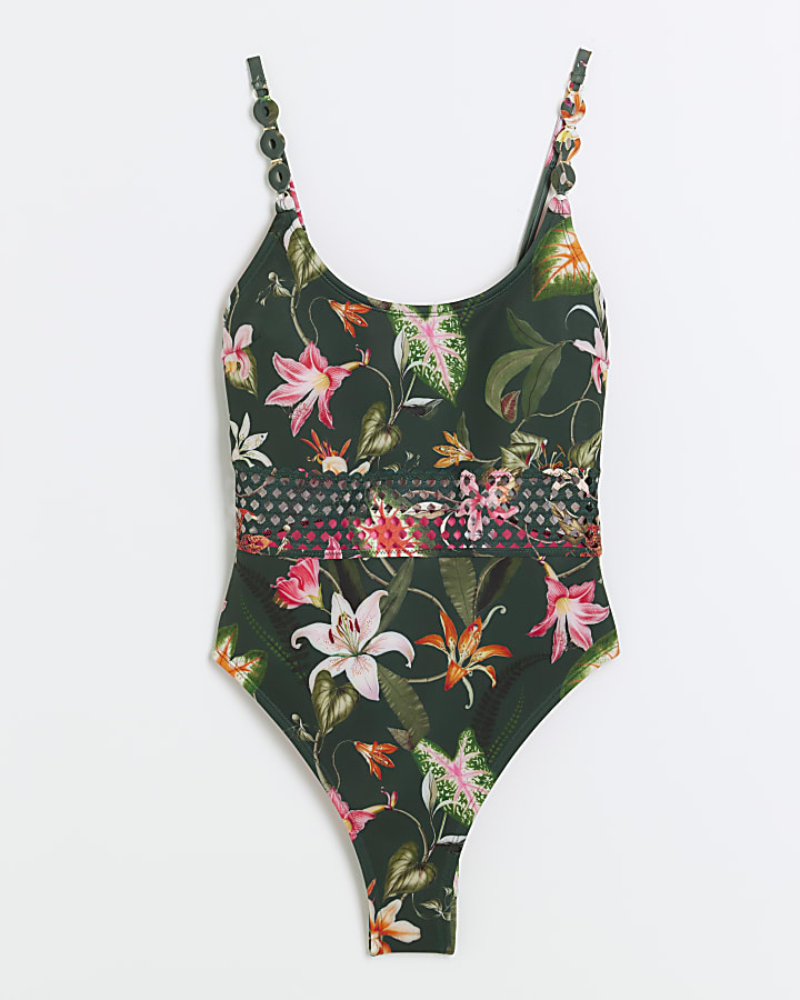 Green Floral Cutwork Scoop Swimsuit