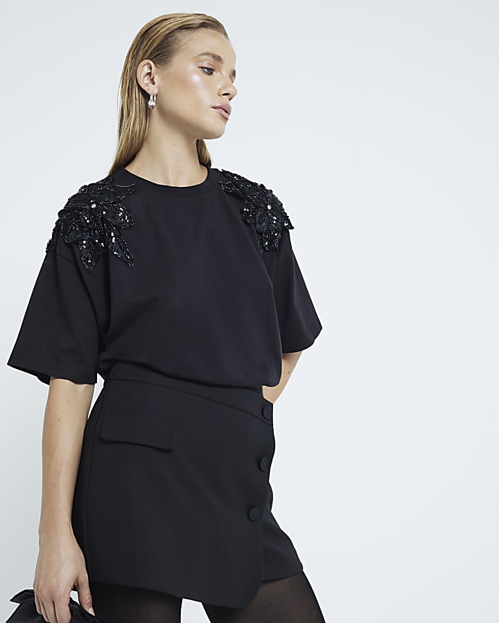 Black Embroidered Sequin Flower T-Shirt