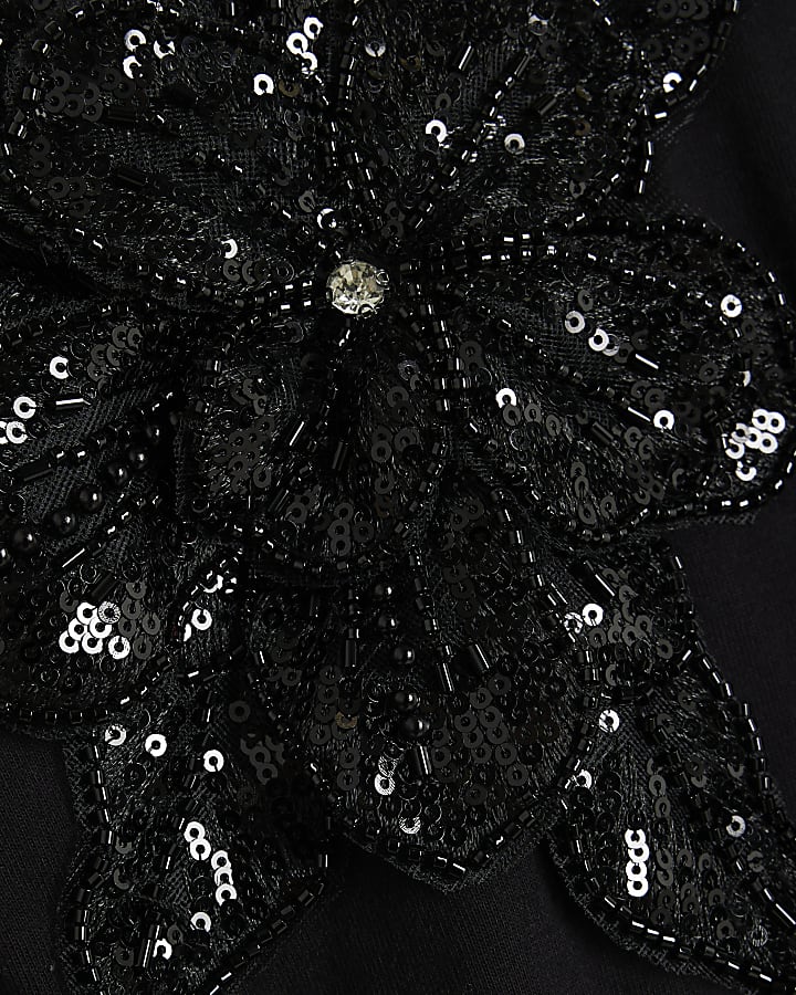 Black Embroidered Sequin Flower T-Shirt