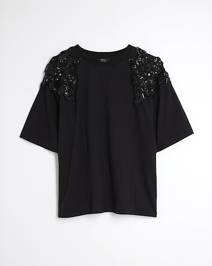 Black Embroidered Sequin Flower T-Shirt