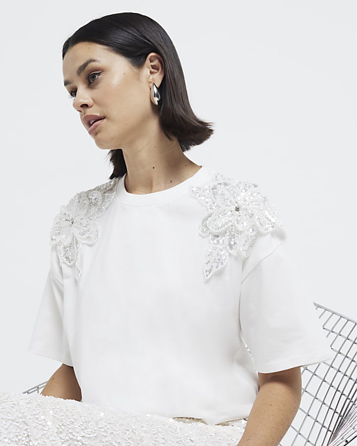 White Embroidered Sequin Flower Trim T-Shirt