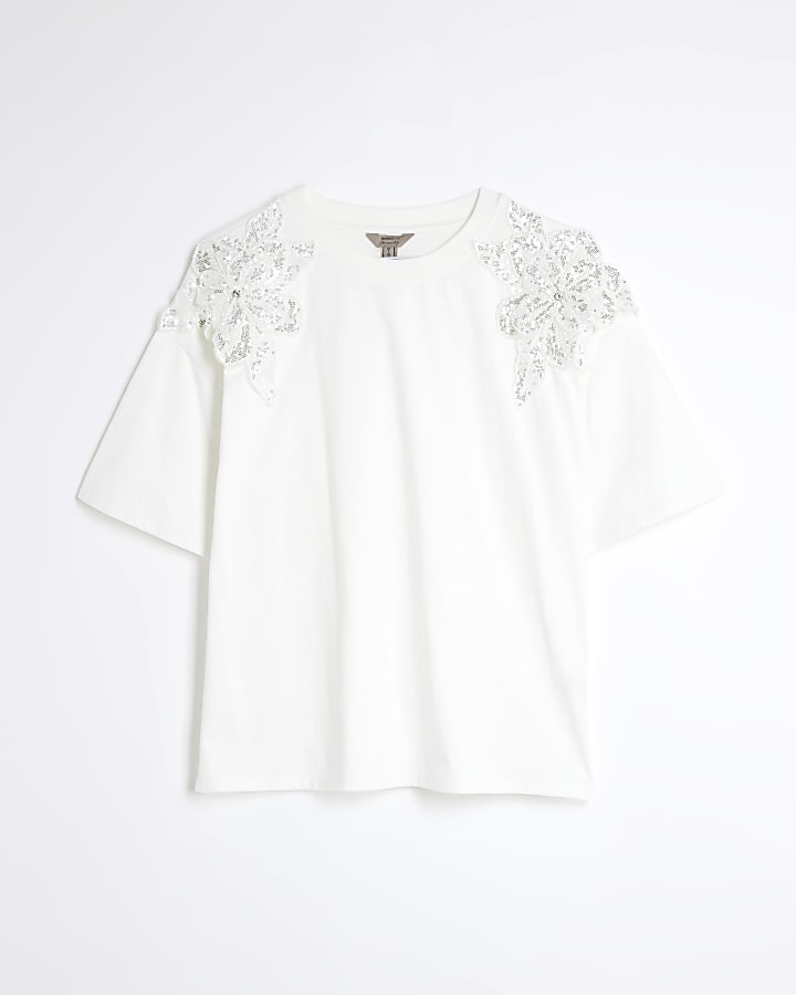 White Embroidered Sequin Flower Trim T-Shirt