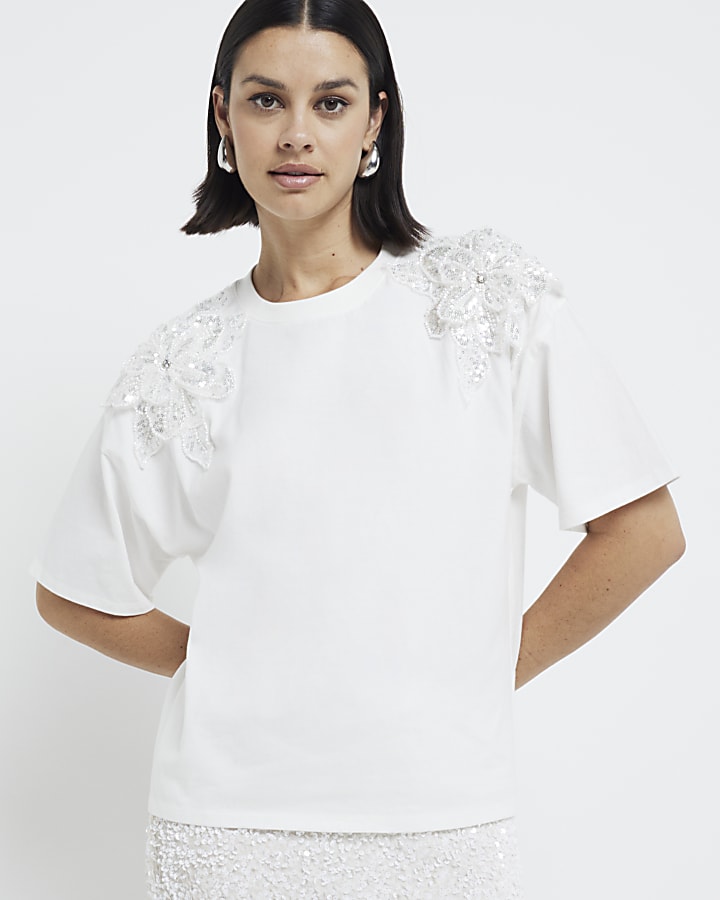 White Embroidered Sequin Flower Trim T-Shirt