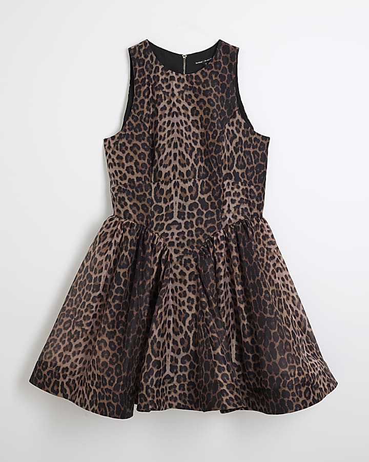 Brown Leopard Peplum Mini Skater Dress