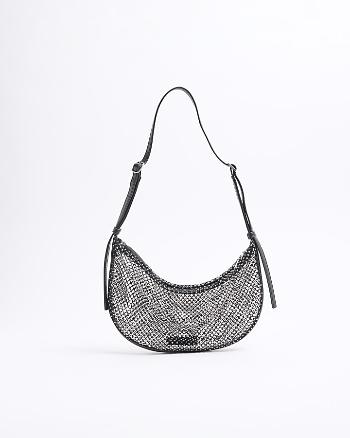 Black Mesh Diamante Embellished Shoulder Bag