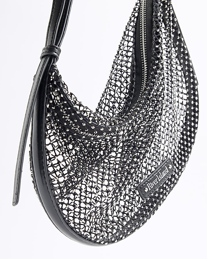 Black Mesh Diamante Embellished Shoulder Bag