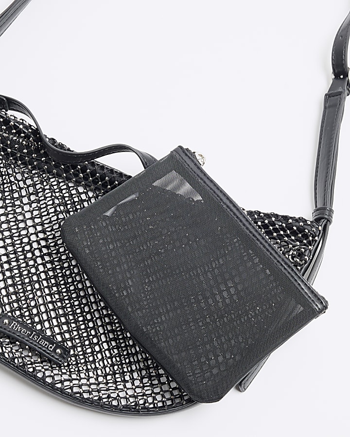 Black Mesh Diamante Embellished Shoulder Bag