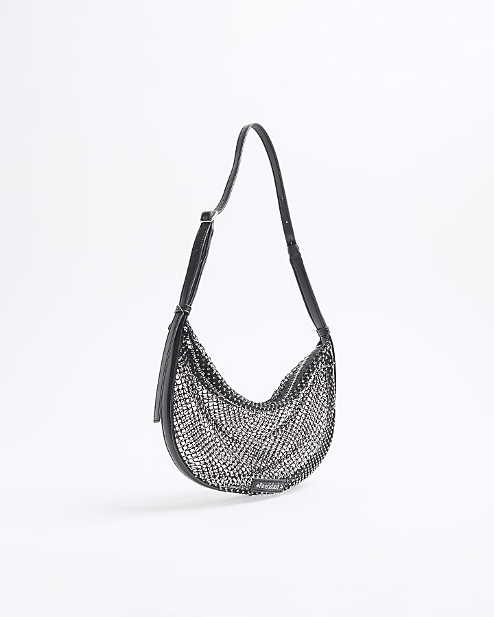 Black Mesh Diamante Embellished Shoulder Bag