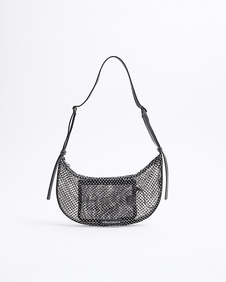 Black Mesh Diamante Embellished Shoulder Bag