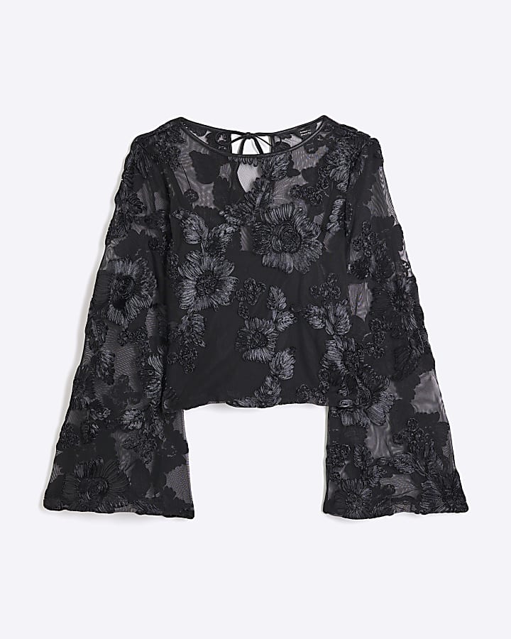 Black long sleeve sheer floral crop top