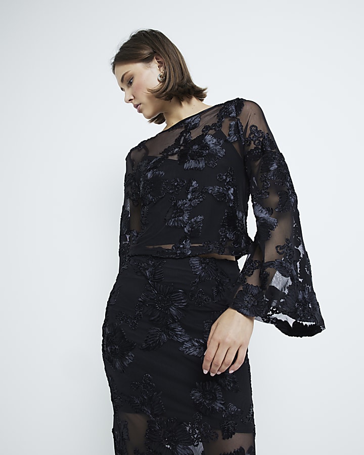 Black long sleeve sheer floral crop top