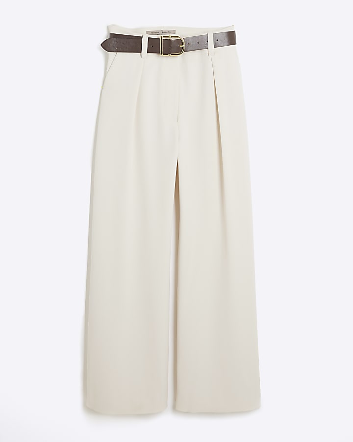 Petite Cream Belted Wide Leg Trousers