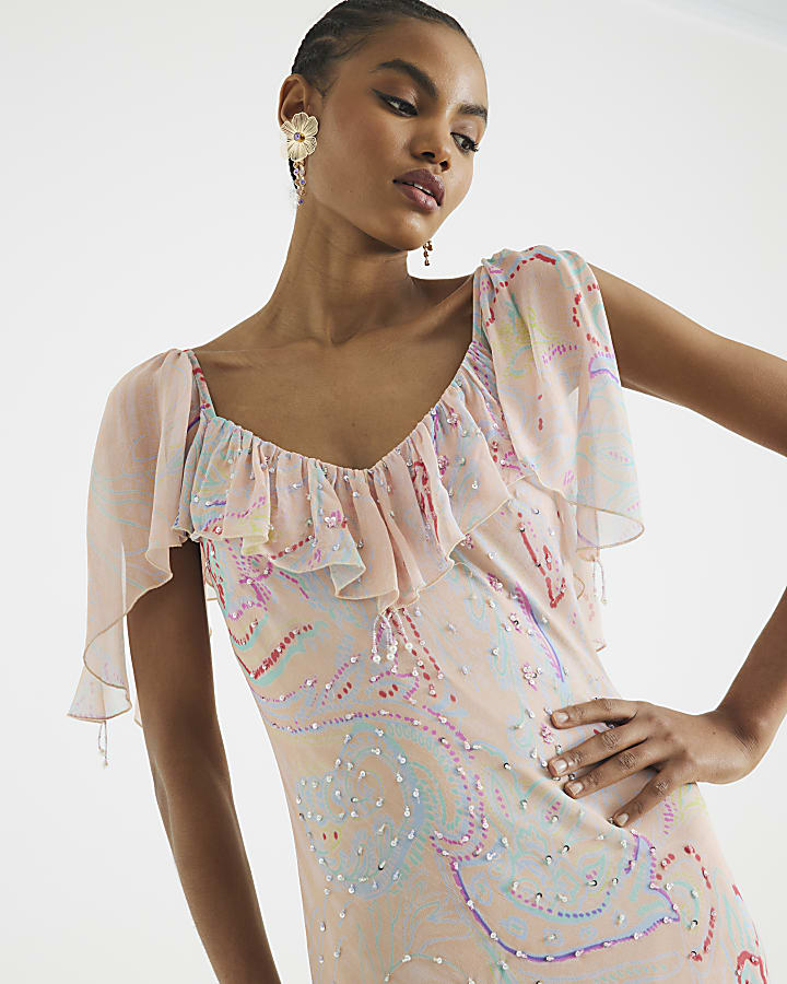 Pink Ruffle Embellished Maxi Slip Dress