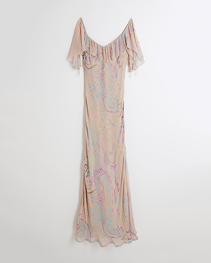 Pink Ruffle Embellished Maxi Slip Dress