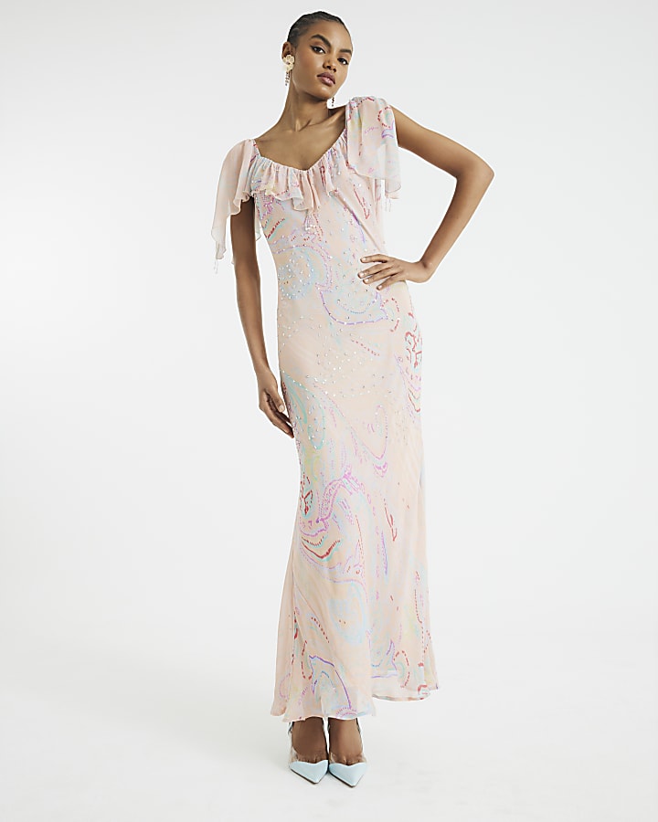 Pink Ruffle Embellished Maxi Slip Dress