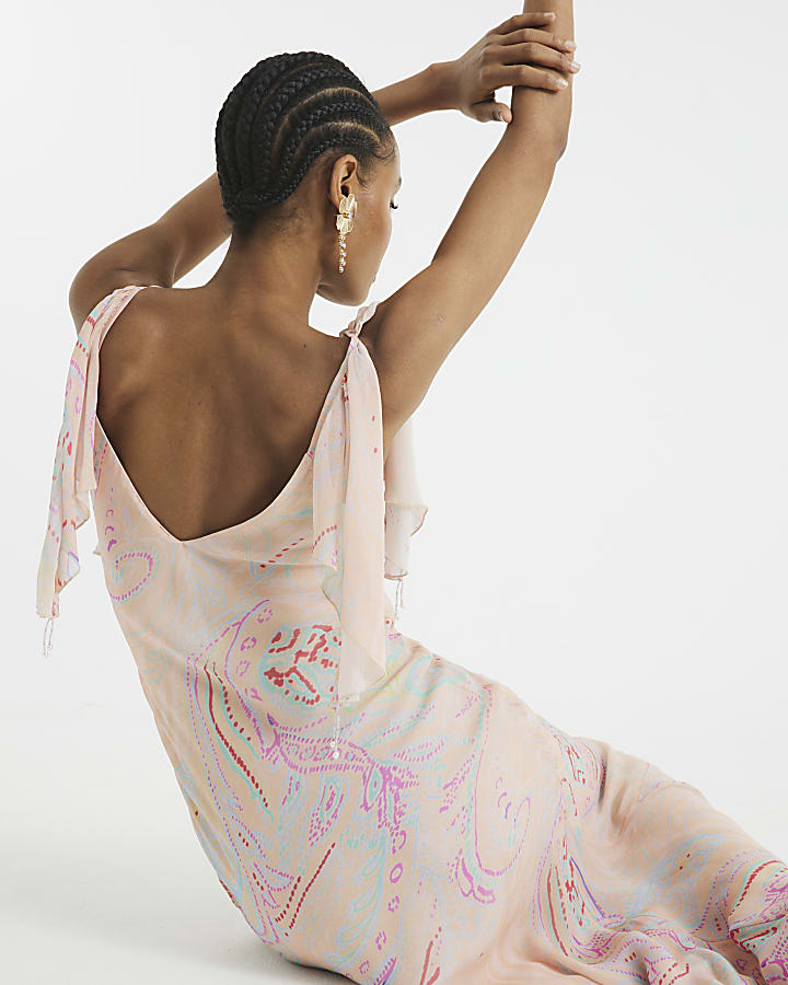 Pink Ruffle Embellished Maxi Slip Dress