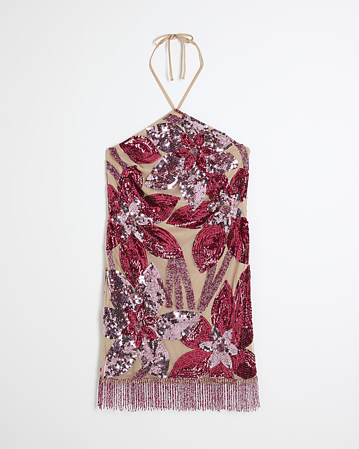Pink Premium Floral Sequin Mini Dress