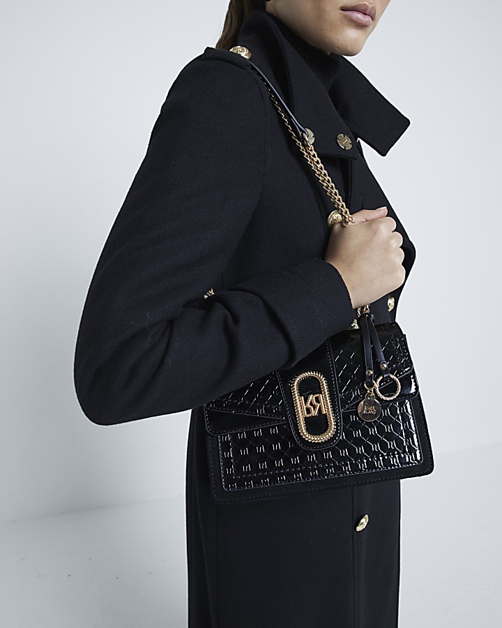 Black Panelled Monogram Shoulder Bag River Island