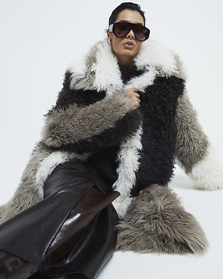 Grey Premium Patchwork Real Shearling Coat