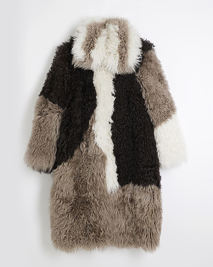 Grey Premium Patchwork Real Shearling Coat