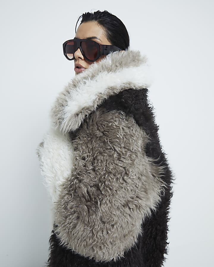 Grey Premium Patchwork Real Shearling Coat