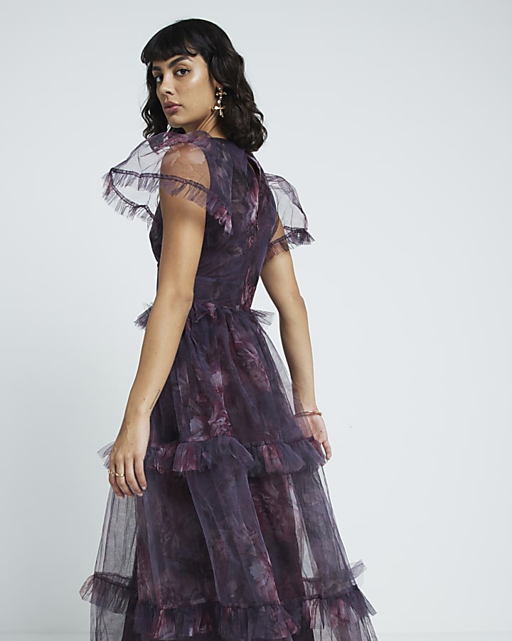 Purple mesh floral frill swing maxi dress