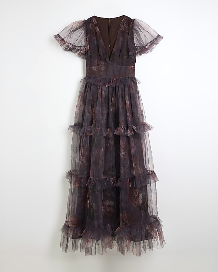 Purple mesh floral frill swing maxi dress