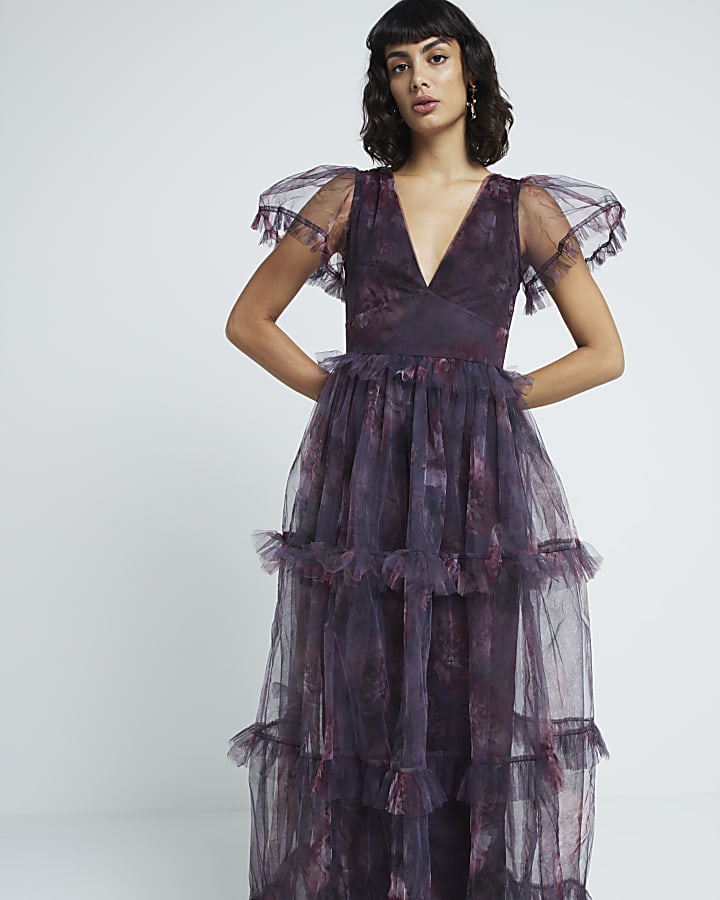 Purple mesh floral frill swing maxi dress