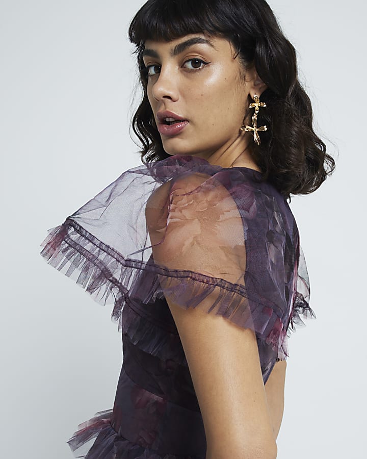 Purple mesh floral frill swing maxi dress
