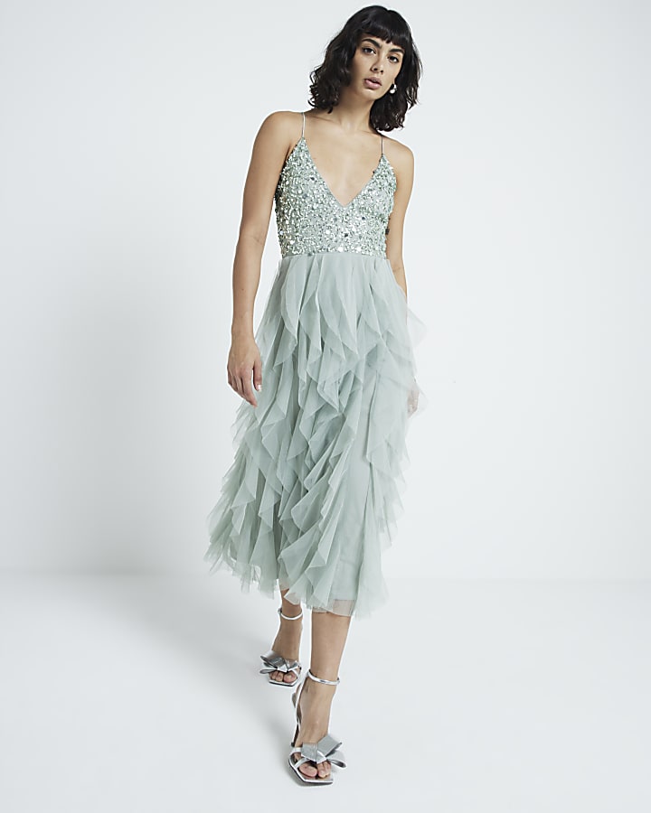 Green sequin ruffle swing midi dress