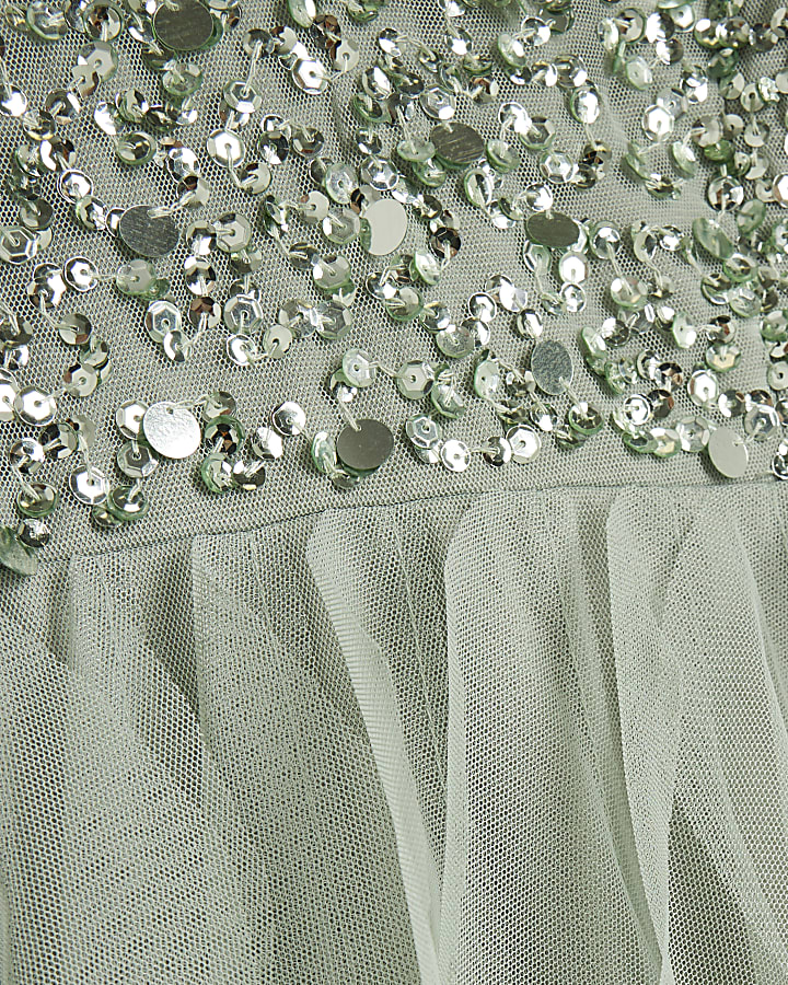 Green sequin ruffle swing midi dress