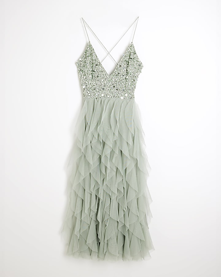 Green sequin ruffle swing midi dress